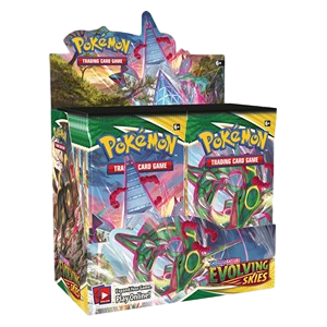 Evolving Skies Booster Box retail display with Rayquaza-themed packaging.